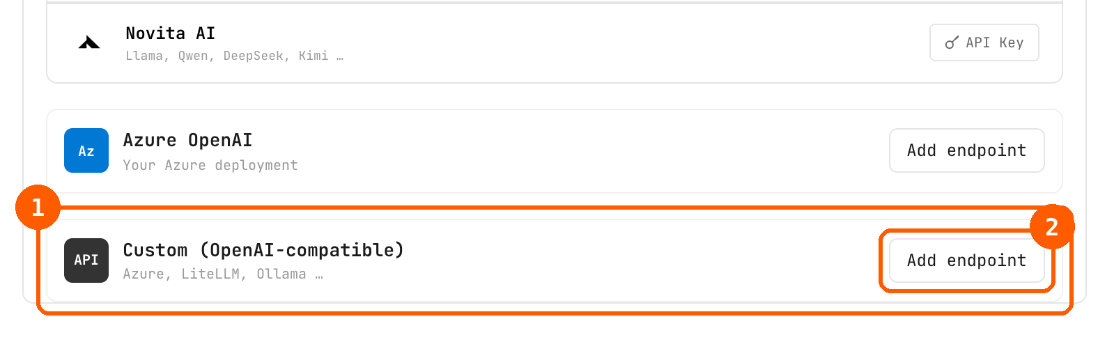 API keys 列表的底部。Custom (OpenAI-compatible) 卡片标为 1，其中的 Add endpoint 按钮标为 2。