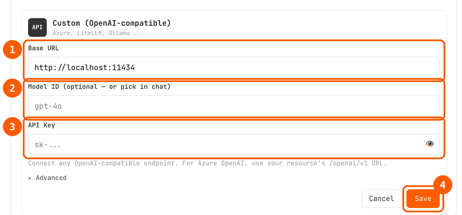 展开的 Custom endpoint 表单，Base URL 填为 http://localhost:11434，Model ID 和 API Key 留空。每个字段和 Save 按钮都有编号。