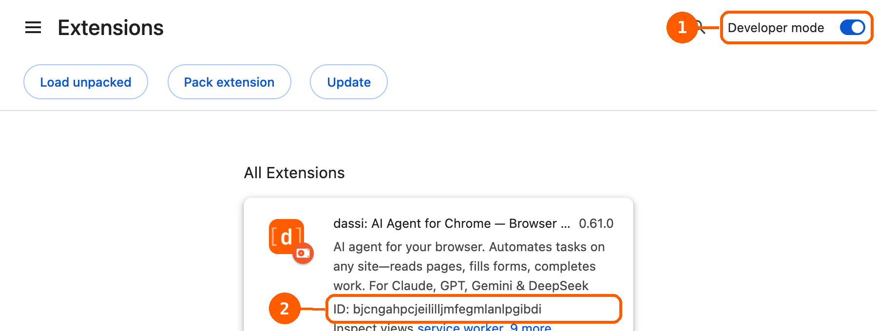 chrome://extensions 页面。右上角的 Developer mode 开关标为 1；dassi 扩展描述下方的 ID 一行标为 2。