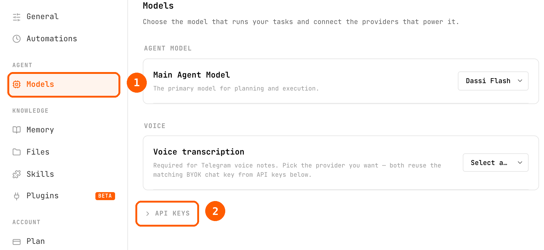dassi 设置页的 Models 标签。左侧导航的 Models 标为 1；底部附近折叠的 API KEYS 区域标题标为 2。