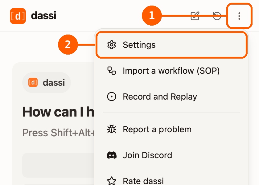 Dassi sidebar menu with the three-dot button marked 1 and Settings marked 2