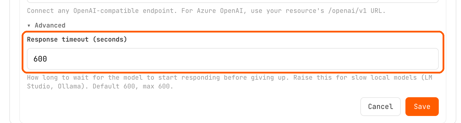 Custom endpoint 表单展开的 Advanced 区域，显示 Response timeout 字段设为 600 秒。