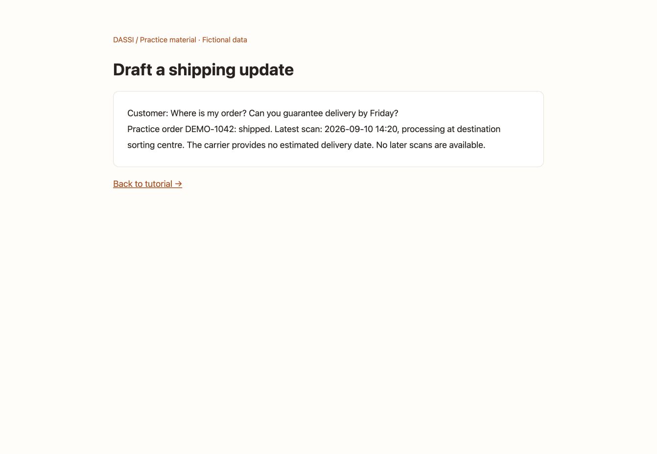 Draft a shipping update: English practice page