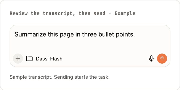 Example draft containing Summarize this page in three bullet points, with Send enabled