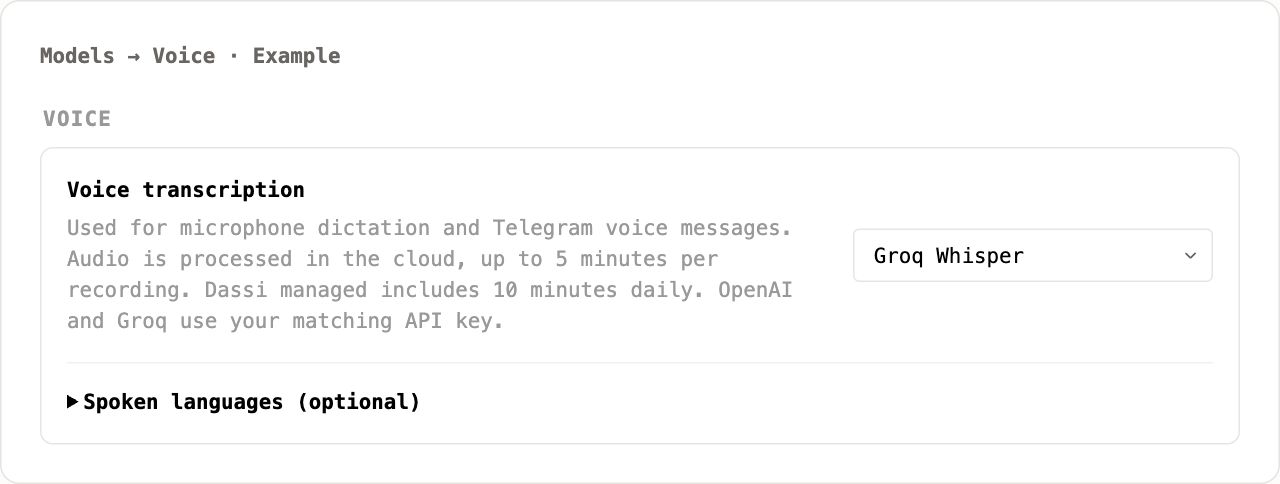 Example voice settings with Groq Whisper selected