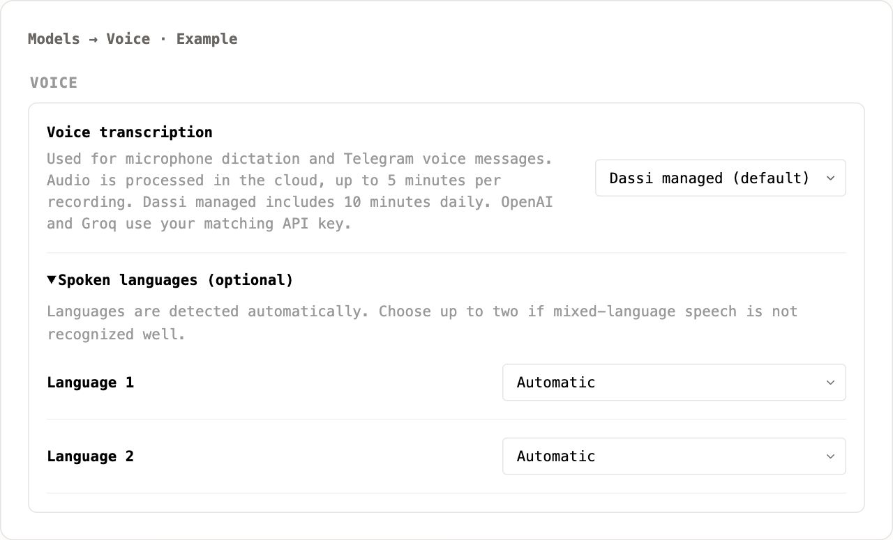 Example voice settings with Spoken languages expanded and both language selectors set to Automatic