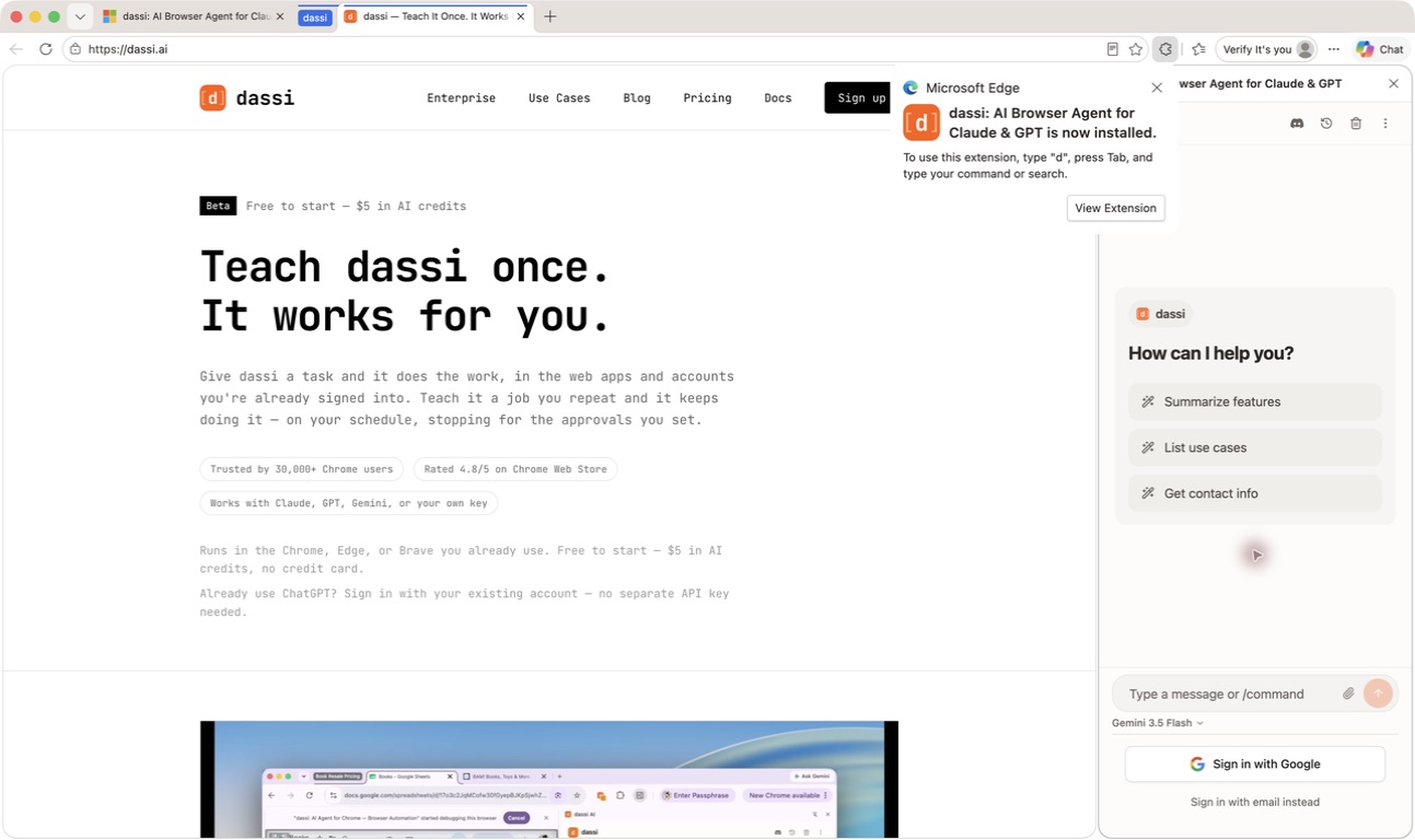 Edge 中已打开的 Dassi 侧栏与登录入口